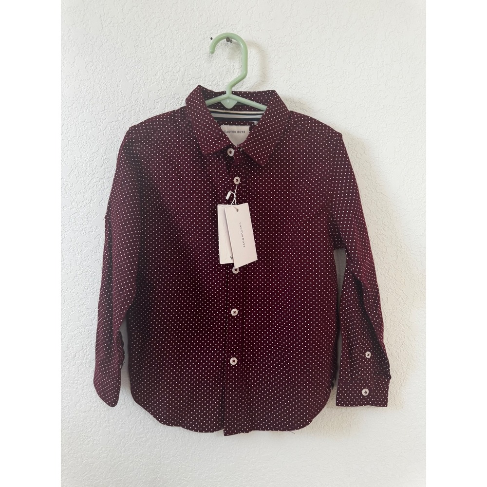 Cactus Boys Burgundy White‎ Polka Dot Button Down Shirt Kids Size 4 4T 5T